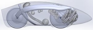 CAD model showing side view of Eta bike with biomechanical model of rider