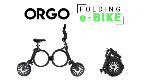 The ORGO folding e-bike viewed from the side folded and unfolded