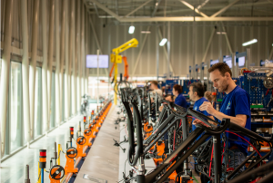 Assembly workers in bicycle factory