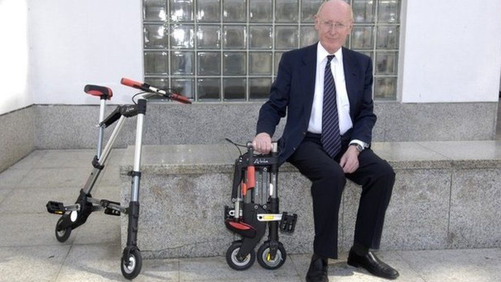 The Sinclair A-bike with it's inventor Clive Sinclair, probably the smallest folding bike ever made