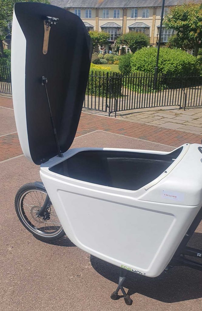 The large locking cargo box on the Raleigh Pro Cargo Bike